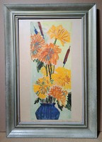 András Rác: autumn flowers (colored linocut in frame)