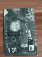 Old New Year's card, champagne, black and white
