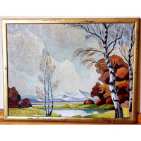 Late autumn landscape with waterfront and snowy mountains. Retro oil painting on cardboard framed