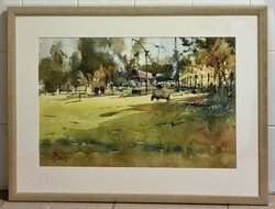 László Pomothy: farm world in Bugac (36 x 53 cm watercolor cardboard)