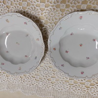 Zsolnay szép kisvirágos porcelán mély tányér, arany , barokkos széllel,  különböző mintával