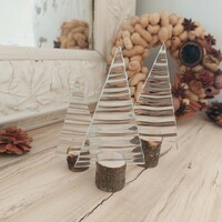 Modern wavy translucent glass Christmas tree set of 3 in a wooden base