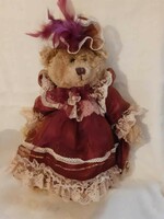 Vintage teddy bear (lady) in beautiful dress, hat, umbrella