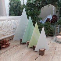 White-green-grey decorative glass Christmas tree set of 4 in a wooden base