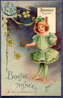 Antik Újévi  üdvözlő litho képeslap - kisleány, arany 4levelű lóhere  , naptár  1905ből