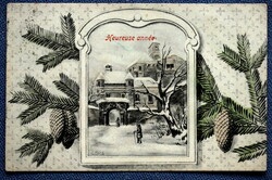 Antique New Year greeting card - pine branch, winter landscape from 1907