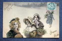 Antique mm vienne colored graphic Christmas greeting card - little girls, winter landscape, pine tree