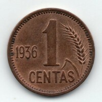Lithuania 1 Lithuanian cent, 1936, aunc