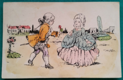 Antik grafikus színezett képeslap, gyerekek barokk ruhában, postatiszta