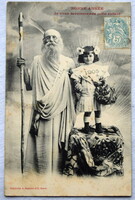 Antique New Year greeting photo postcard - 1905 little girl and the old man 1904