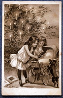 Antique engraving Christmas greeting card - Christmas tree, little girls, toy doll, dog