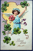 Antik szecessziós dombornyomott Újévi üdvözlő képeslap -angyalka 4levelű lóherével