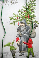 Antique embossed Christmas greeting card - Santa Claus, toy, Christmas tree, gnomes 1904