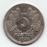 Turkey 5 Turkish Kurus, 1938, rarer