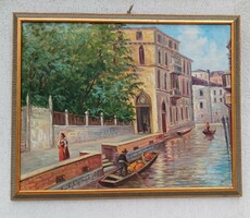 Antique Venetian painting. Venetian lagoons, gondola.