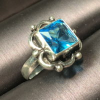 925 Silver Ring with Blue Topaz Stone Small Size 5.5 (16.5mm Diameter) Indian Silver Ring