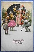 Antique embossed Christmas greeting card - Santa Claus, small children, toys silk cloth