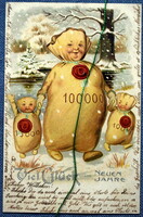 Antique New Year's greeting litho postcard - cheerful money bag family walking in the snow from 1904