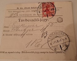 Távbeszélő -jegy . ÉRSEKUJVÁR 1911. (RITKA)