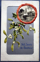 Antique embossed New Year's greeting card with silver background - landscape in seal, mistletoe