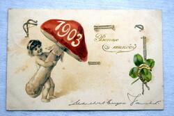 Antik dombornyomott Újévi képeslap -puttó hatalmas gombával , rajta 1903 évszám, 4levelű lóhere