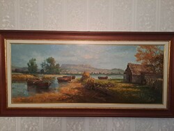 Big village barley: Balaton landscape 45x115 cm oil on canvas painting