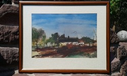 Adolf Weinträger: farm world, watercolor, landscape, painting. Modern photo frame.