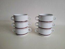 Régi 6 db Alföldi porcelán barna csíkos leveses csésze retro kétfülű tálka