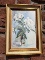 Léna Kiss: peony watercolor 34.5 x 51 cm, painting, still life, colorful picture frame.