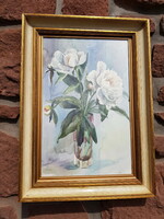 Léna Kiss: peony watercolor 34.5x51 cm, painting, still life, color picture frame.