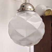 Refurbished art deco nickel-plated ceiling lamp - specially shaped acid-etched glass shade