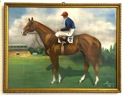 A pastel painting with a racing jockey with the Nándor sign in a frame