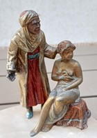 Antique Viennese painted statues bronze-metal marble base. Eastern slave trader with girl auction