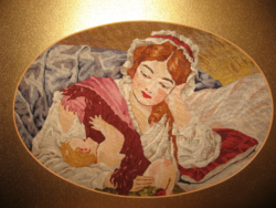 Wonderful large antique needle tapestry, mother and child