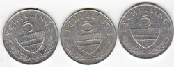 Austria 5 schilling 3 pieces 1969/1975/1980vg