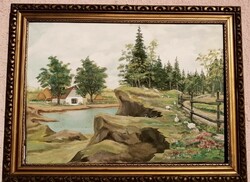 Farm on the waterfront. Naturalist painting made in the 1960s, signed.