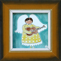 Kornelia Fehér: Angel with guitar II. - Fire enamel - framed 18x18cm - artwork 10x10cm - 23/851