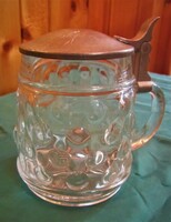 Glass jar with ears, marked, with flap tin lid, half liter, .15/ 10 Cm