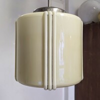Art deco - streamlined nickel-plated ceiling lamp renovated - ribbed cream-colored cylinder shade