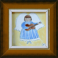 Kornelia Fehér: Angel with guitar I. - Fire enamel - framed 18x18cm - artwork 10x10cm - 23/850