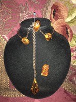 Retro amber set with chain pendant, clip-on earrings, badge, adjustable ring