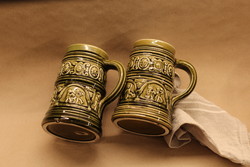 Antique historicizing schütz cilli green majolica ceramic jug decorative jug pair