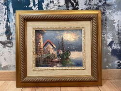Boat oil painting framed with golden lace