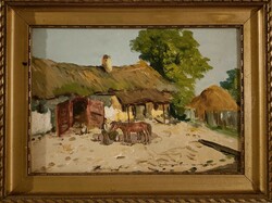 No minimum price! Painter György Németh, farm yard with horses! Oil painting painted on cardboard!