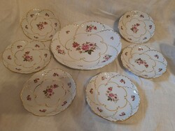 Zsolnay porcelain cake set with rose pattern with gilding