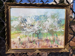 László Zirkelbach (1916-2014): cherry blossom, oil, canvas 60 x 80 cm, landscape, extra frame