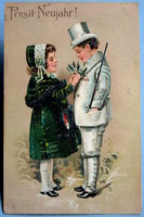 Antique embossed New Year greeting card - little girl, little boy in elegant clothes, mistletoe
