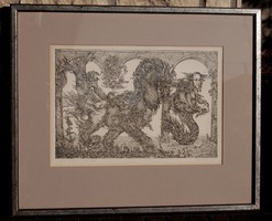 Margit Balla (1947): the figures leave the tapestry, 15/35 - numbered etching, 1975, framed