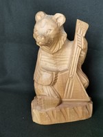 Old Russian hand-carved bear with balalaika birch wood sculpture