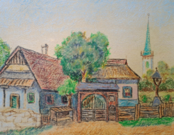 Székely falu (szignózott festmény kerettel 1988-ból) Románia, Erdély, Székelyföld